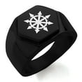 thumbnail image 1 of Stainless Steel Chaos Engraved Hexagon Crest Flat Top Biker Style Polished Ring, 1 of 1