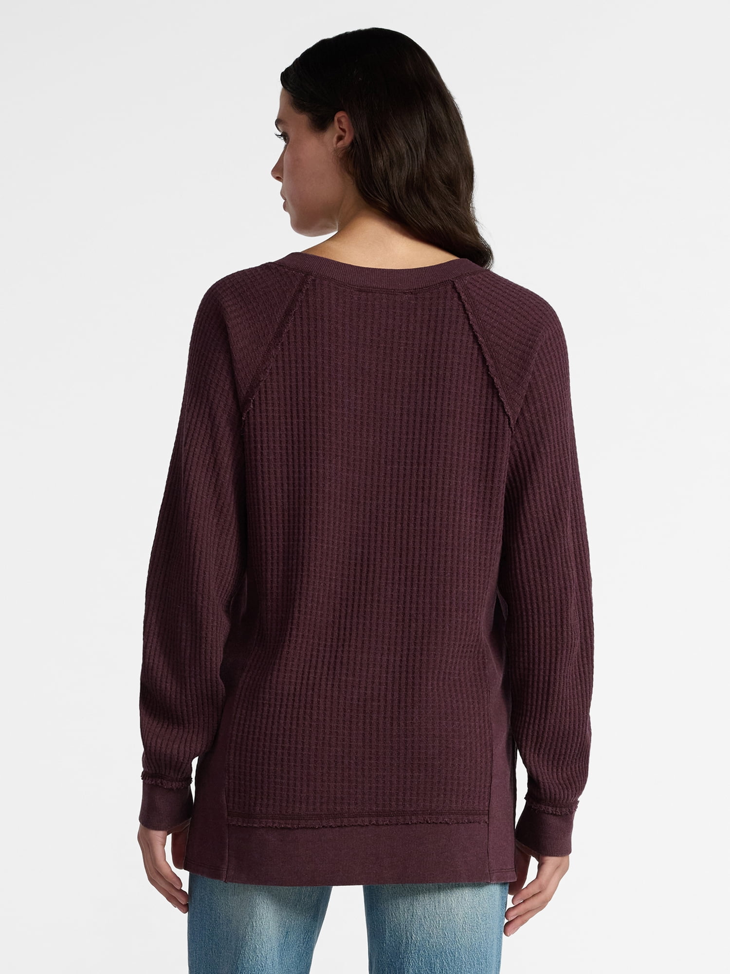 Time and Tru Women's Waffle Knit Tunic V-Neck Sweatshirt with Long Sleeves, Sizes XS-3XL