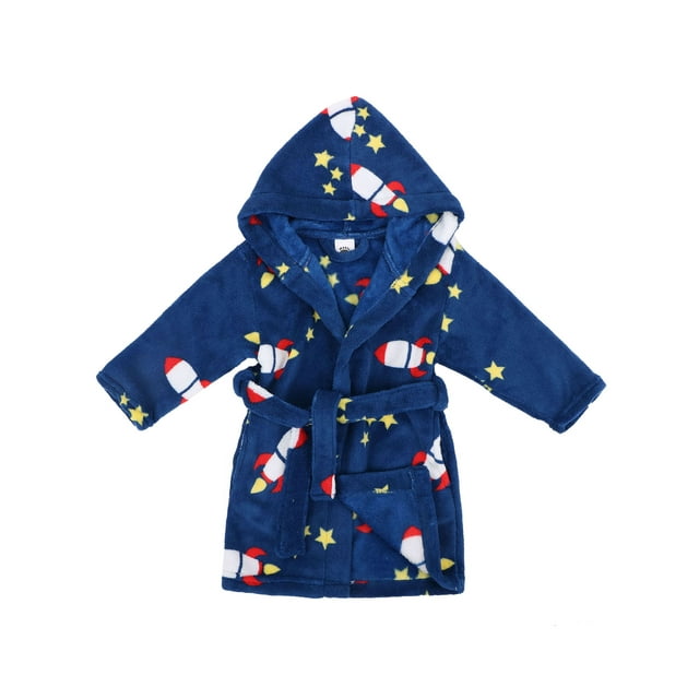 Boys Bath Robe Plush Super Soft Fleece Hooded Bathrobes Robe,Navy,M