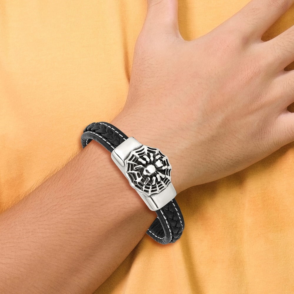 Diamond2Deal Stainless Steel Antiqued and Polished Spider Black Braided Faux Leather Bracelet for Men 8.5"