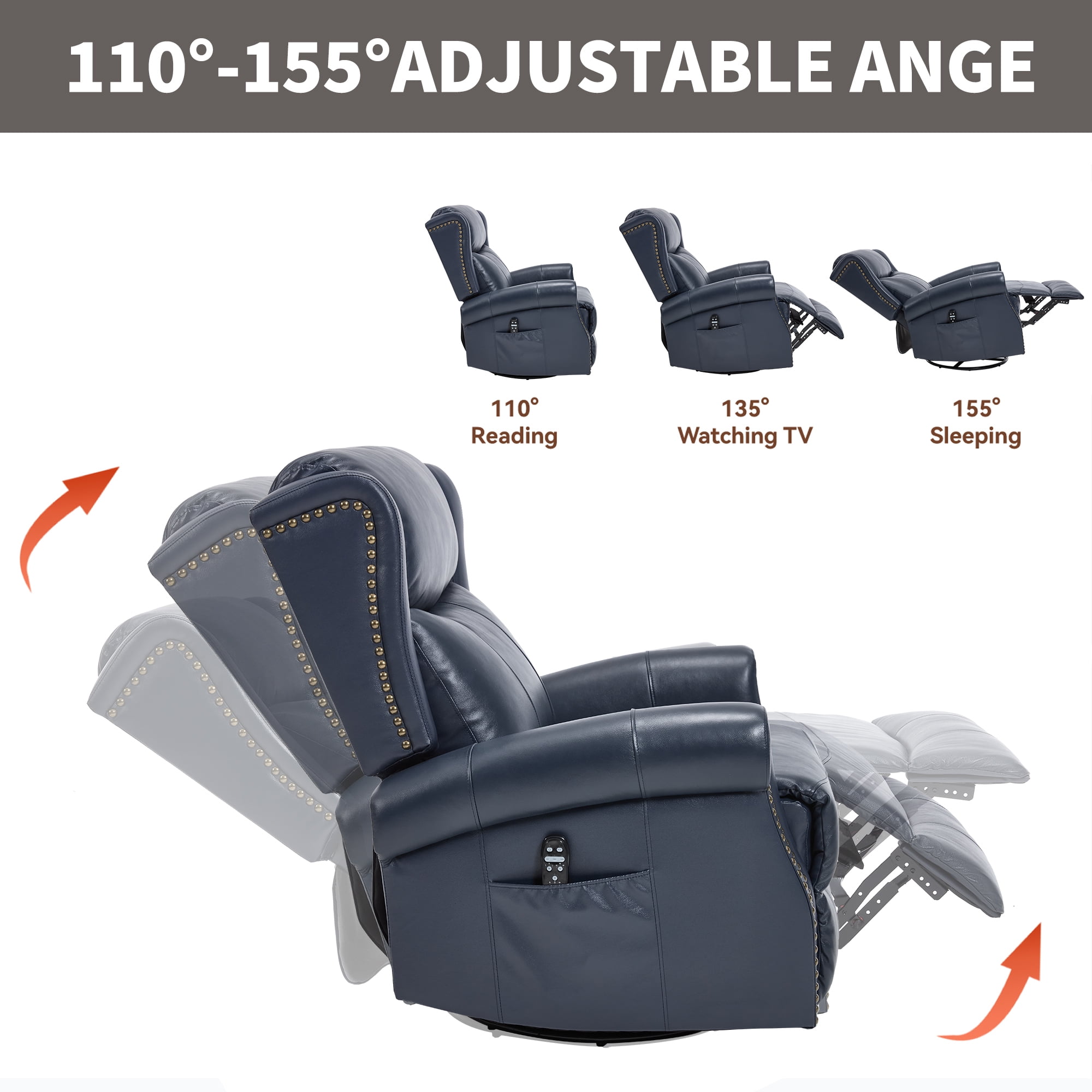 Leumius Swivel Rocker Recliner Chair with Vibration Massage and Lumbar Heating,Ergonomic Lounge Chair with Rocking Function,Rivet Design,Blue