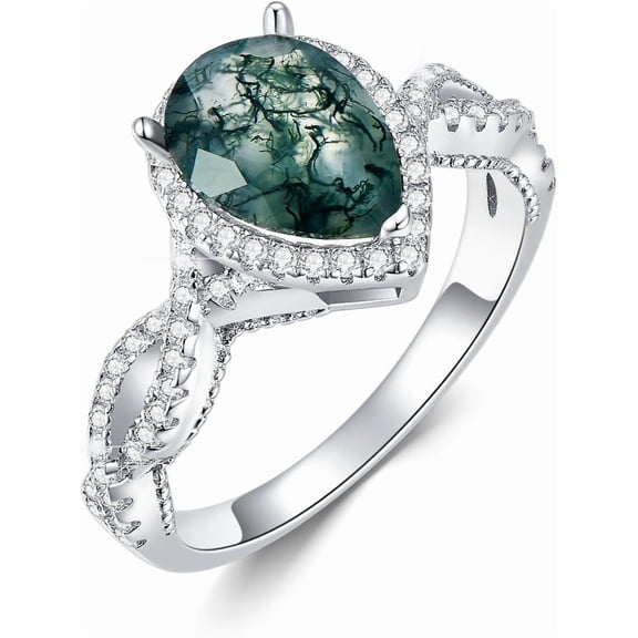 SISGEM 925 Sterling Silver Teardrop Natural Moss Agate Ring with CZ for Women infinity Promise Engagement Rings Jewelry for Wife Her
