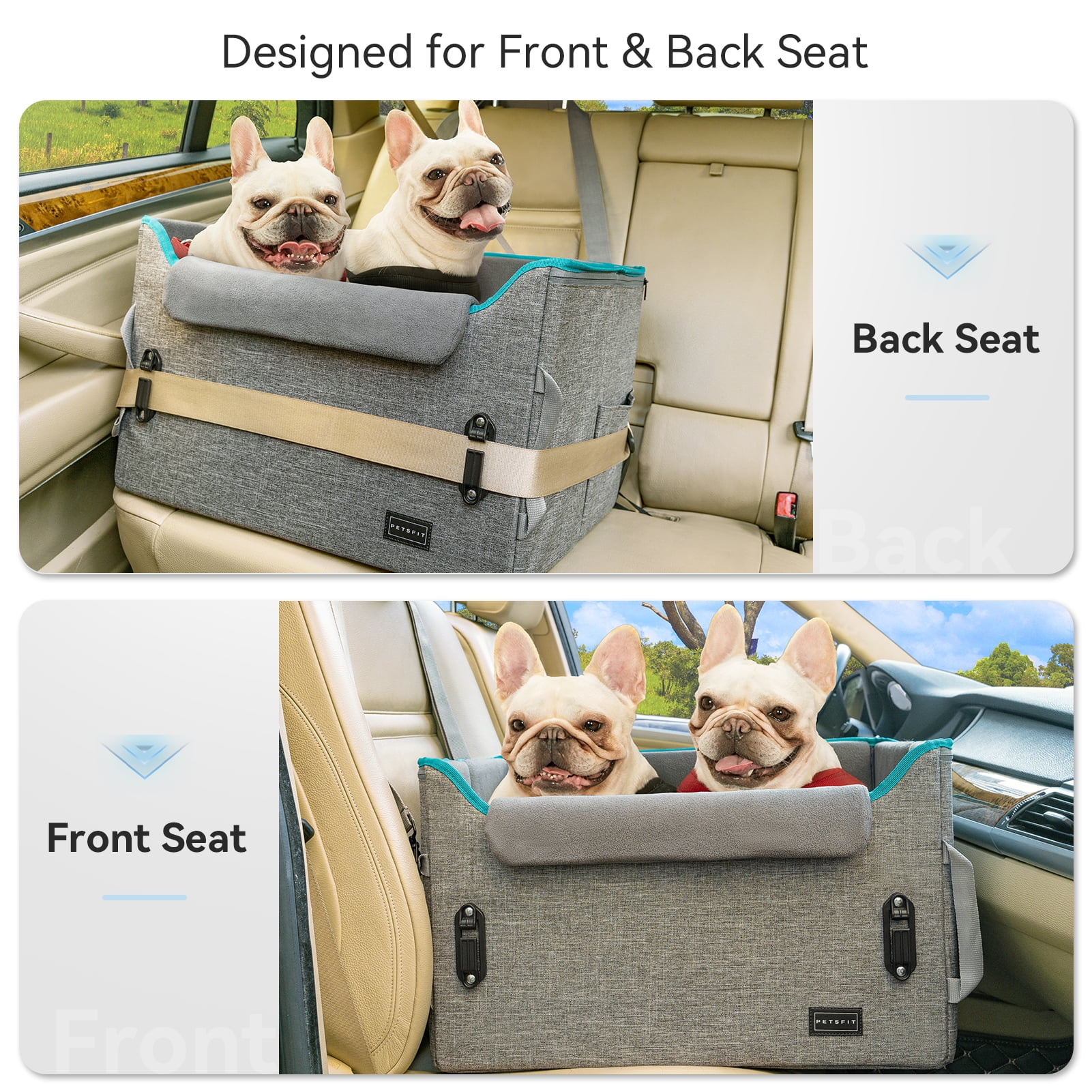 PETSFIT Dog Booster Car Seat, Dog Car Seat for Medium Dogs with 2 Clip-On Safety Leashes, Patented Buckles, Pet Car Seat with Big Pockets for Pets Under 45Lbs (Medium, Grey)