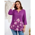 thumbnail image 5 of SHOWMALL Plus Size Floral Tops for Women, 3/4 Sleeve Button V Neck Vacation Tunic Blouse, Plum Hibiscus Border Print, Size 5X, 5 of 6