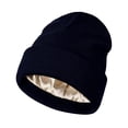 thumbnail image 4 of Gorro de punto con forro de satén para mujer, protección para el cabello, tamaño versátil y elástico. Azul marino, 4 of 9