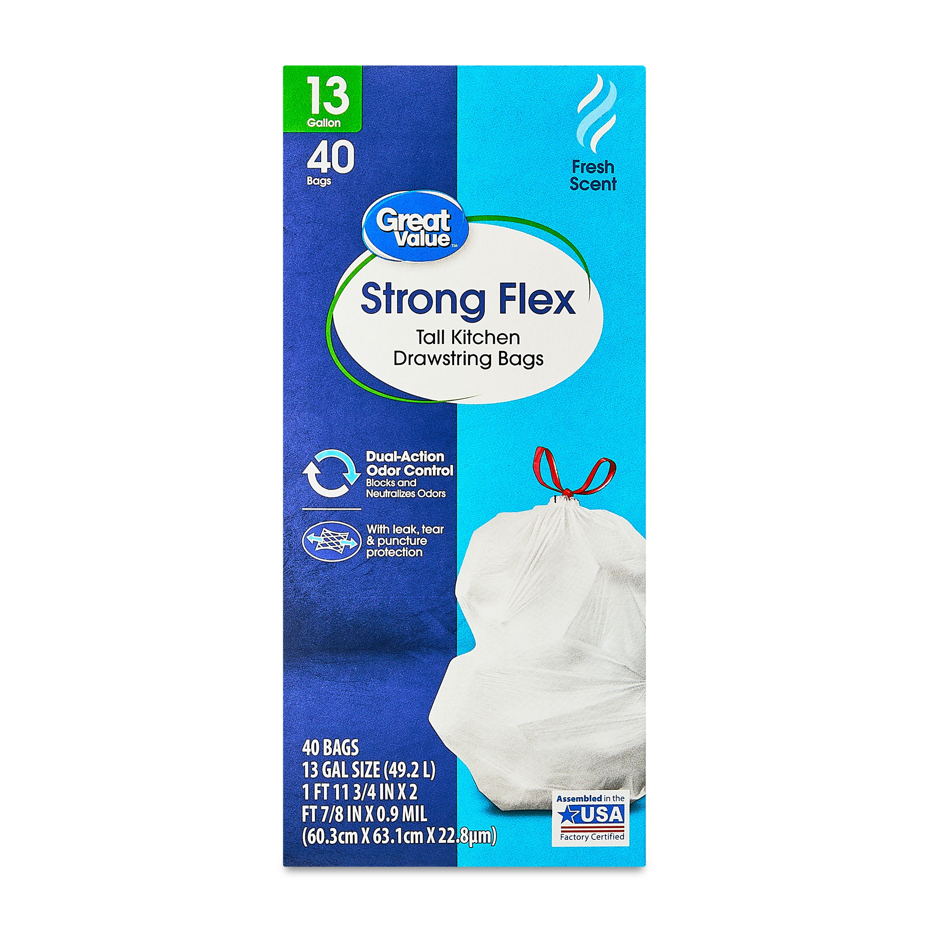 (6 pack) Great Value Strong Flex 13-Gallon Drawstring Tall Kitchen Trash Bags, Fresh Scent, 40 Bags