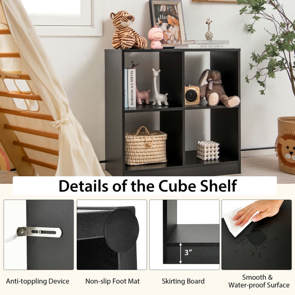 Resenkos 4-Cube Kids Bookcase with Open Shelves-Black, Kids Toy Storage for Kids, Boys, Girls, Nursery