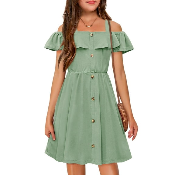 Arshiner Girls Dress Ruffle Sleeve Summer Cotton Casual Party Cold Shoulder