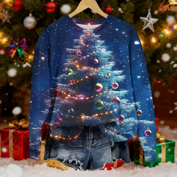 asdoklhq Christmas Womens Long Sleeve Tops Women's Christmas Round Neck Printed Loose Sweater Long-sleeved Top Multicolor 4X