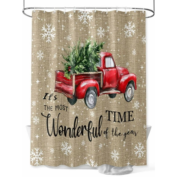 Christmas Red Truck Shower Curtain Set ，Waterproof Fabric Shower Curtains Winter Tree Snowflake Linen Vintage Shower Curtains for Bathroom,Bathroom Decor 36"x72"