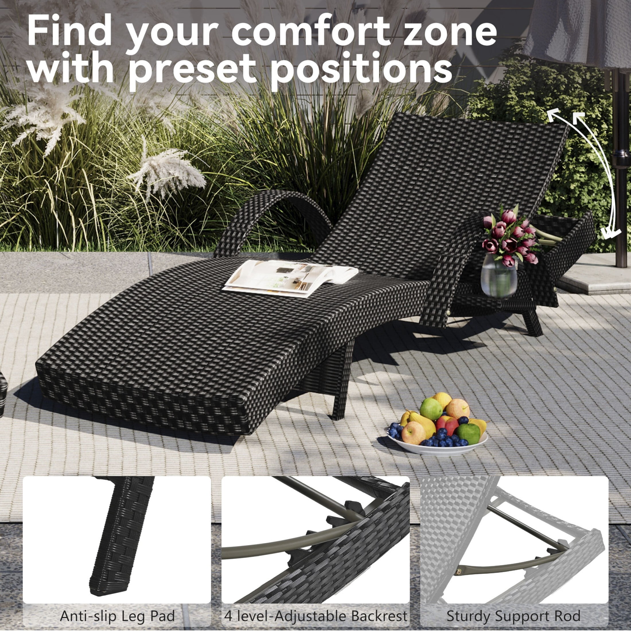 AENKYO 80-in Patio Chaise Lounge Chairs Set of 2, Outdoor Wicker Recliners with Adjustable Backrest and Pull-Out Side Table, Black