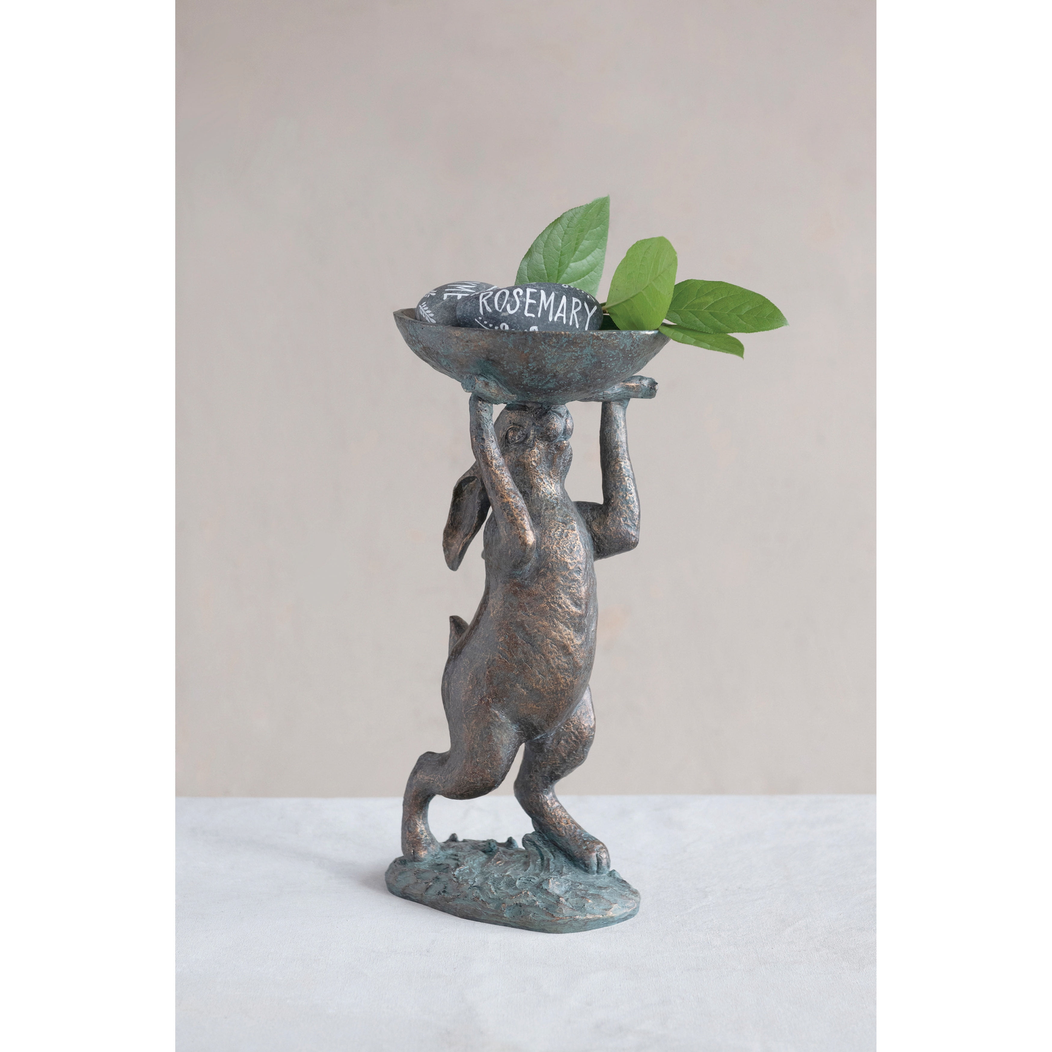 Creative Co-Op Decorative Resin Rabbit Bird Bath, Green Patina Finish