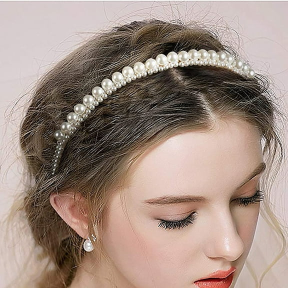 rygai Headband Faux Pearl Smooth Solid Color Elastic Anti-slip Decorative Lightweight Narrow Waved Hair Hoop Hair Accessories,White,Q