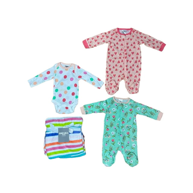 Kit 4 Piezas Bebé Niña Onesies Mamelucos, Pañalero y Cobija Multicolor OP2207HK