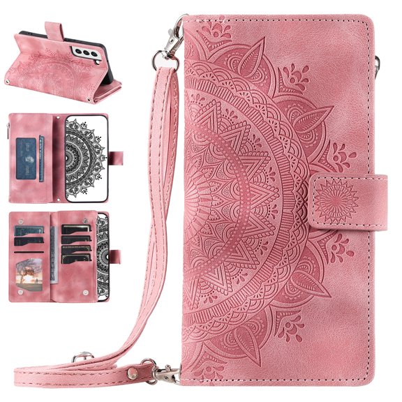Nalacover for Samsung Galaxy S21 FE Embossed Floral Pattern PU Leather Crossbody Case with Shoulder Strap,Shockproof Magnetic Flip Kickstand Credit Card Slots Zipper Pocket Wallet Phone Case,Pink