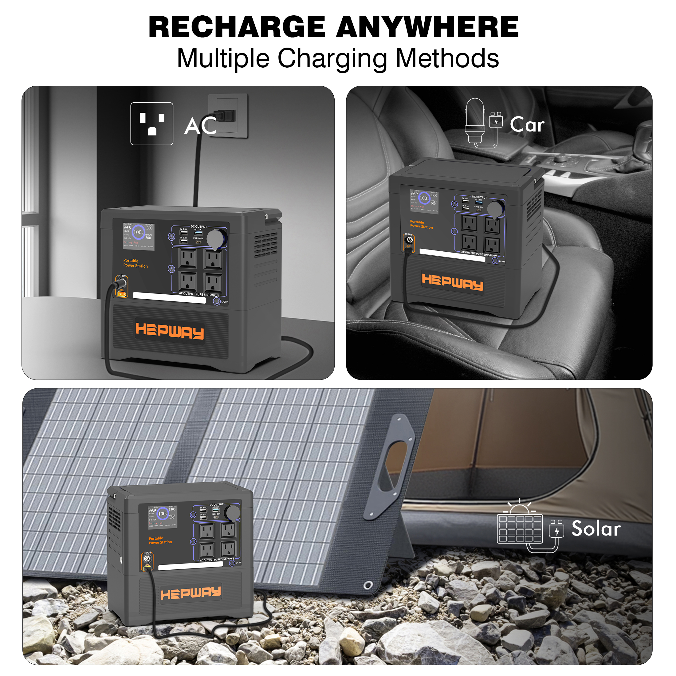 HEPWAY Portable Power Station 2400W Peak, 1154Wh Lithium Battery, QC3.0 USB-C 4X120V AC Output 1300W, Support Refrigerator Mode With 4*Cooling Fans Solar Generator For Camping RV Home(No Solar Panel)
