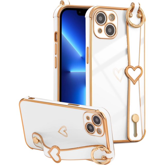 (white)Case for iPhone 14 PRO MAX with Retractable Wrist Strap and Support Handle, Soft Silicone Cover with Heart Pattern for Girls and Women Shockproof Protective Case Cover, Sierra Blue