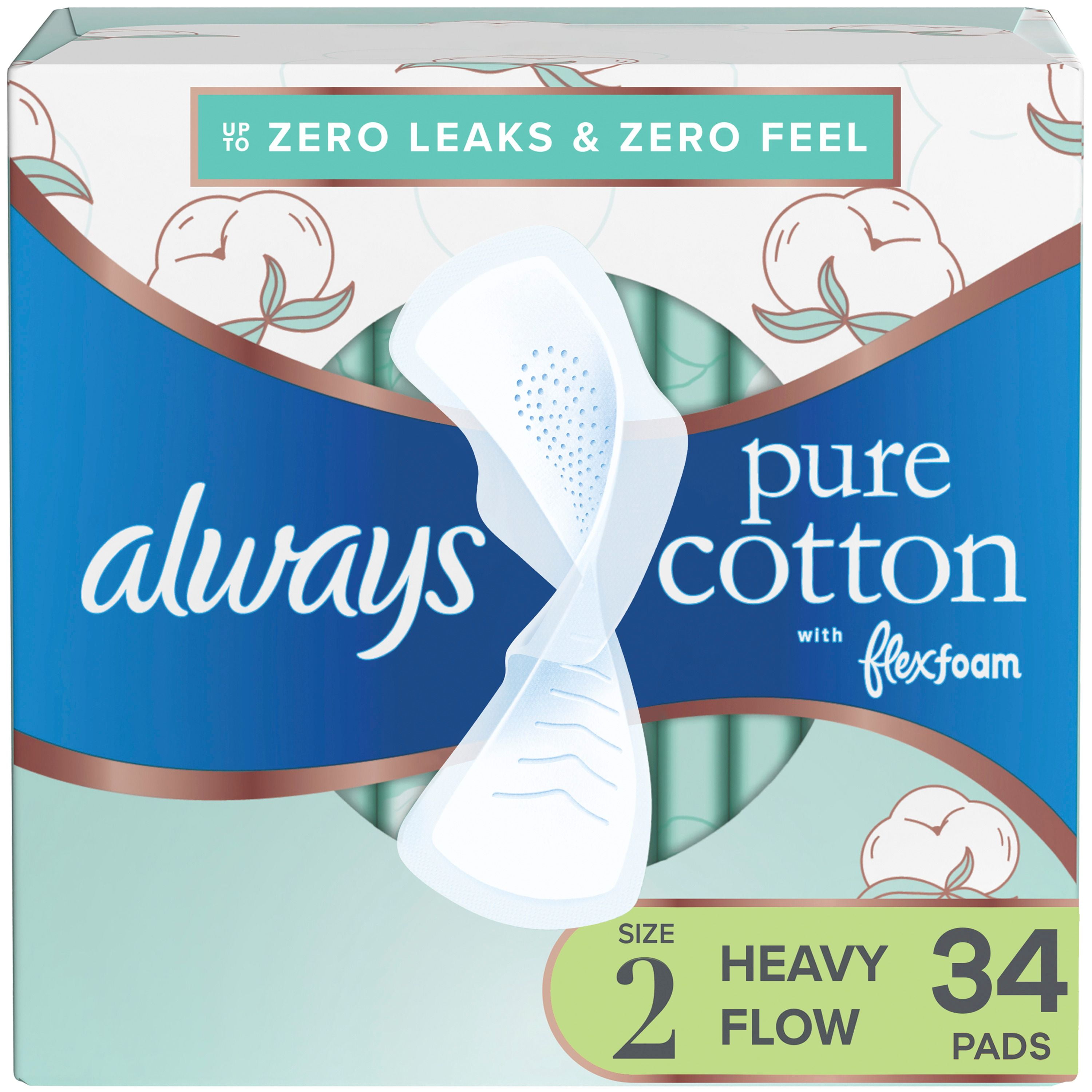 Always Pure Cotton with FlexFoam Pads, Size 2, Heavy, with Wings, Unscented, 34 Count