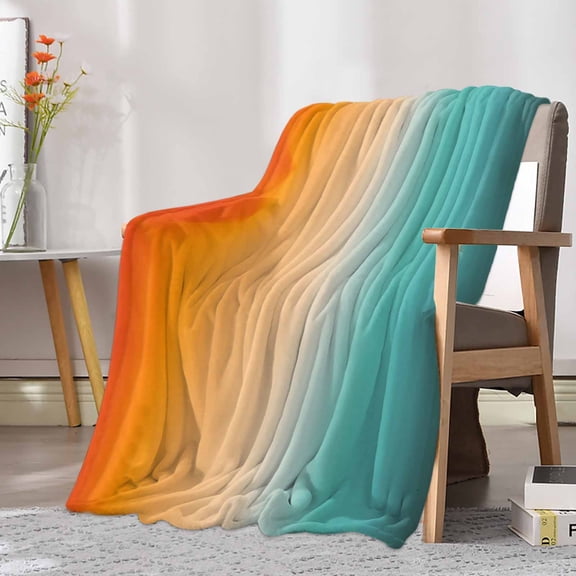 Fleece Blanket Orange Teal Gradient Blankets, Soft Cozy Warm Flannel Throw Blanket, Modern Ombre Style Blanket for Bed Couch Sofa,30x40In