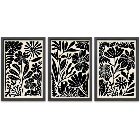 Wildflower Floral Green Botanical Wall Art Print 16"x11" Set of 3 flower Illustrations Minimalist Modern Boho Sign Wood Framed for Living Room Bedroom Office Abstract Wall Hang Decor (Wood)