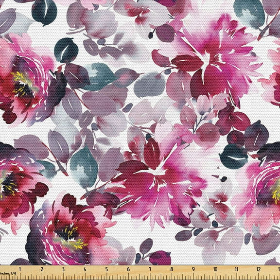 Ambesonne Floral Boho Fabric by the Yard Upholstery, Print Aquarelle Flowers, 1 Yard, Ivory Magenta Lilac