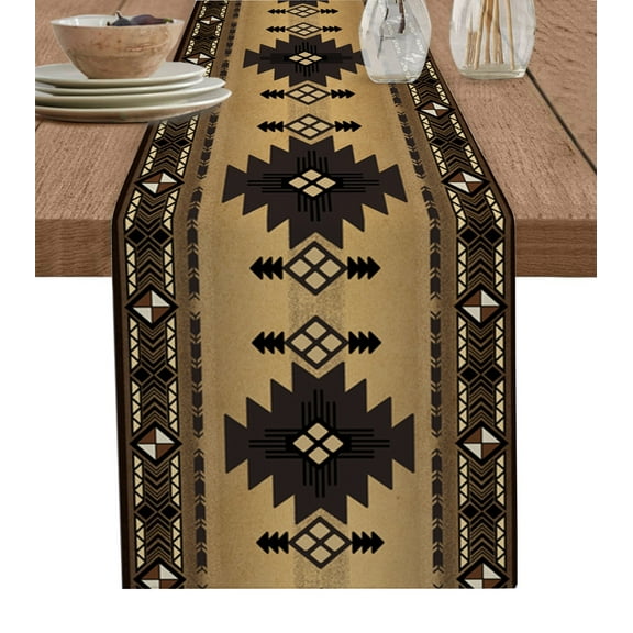 Table Runner Dresser Scarves 90 Inch Long, Aztec Ethnic on Brown Linen Dining Table Runners Southwest Indian Tribal Texture Tabletop Scarf for Wedding Holiday Party Kitchen