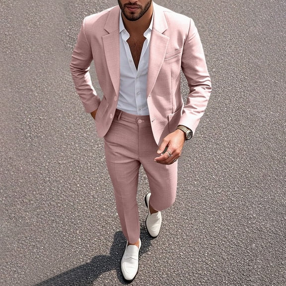 Men's 2-Piece Suit Set, Solid Color Business Dress With Pants, Formal Banquet Outfit For Spring/Summer Wedding & Office Pink XL