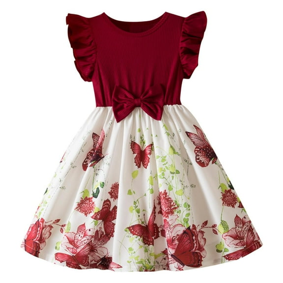 Fesfesfes Girls'Summer Solid Color Short Sleeve Crew Neck Elastic Waistband Dress with Pockets Casual Comfortable Cotton Blend Dress for Kids(Red,6 Years)