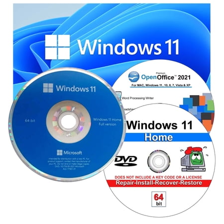 Microsoft Windows 11 Home OEM 64 Bit DVD & Repair, Recover, Restore, Reinstall DVD & Open Office Suite Software. 3 in 1 Pack