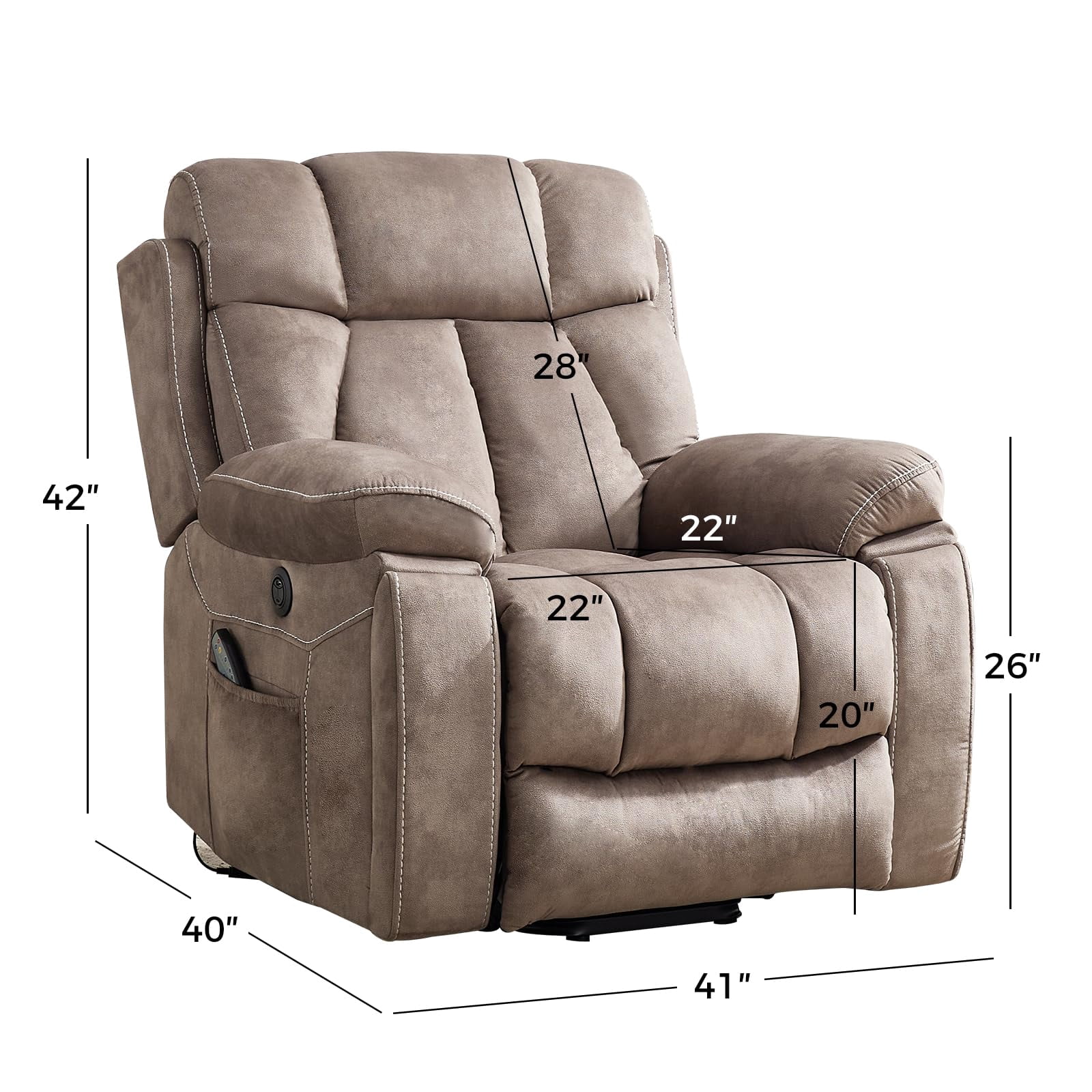 Ebello 40.5" Wide Extra Large Microfiber Electric Heated Massage Lift Recliner Living Room Chair with Cup Holder & USB, Light Brown