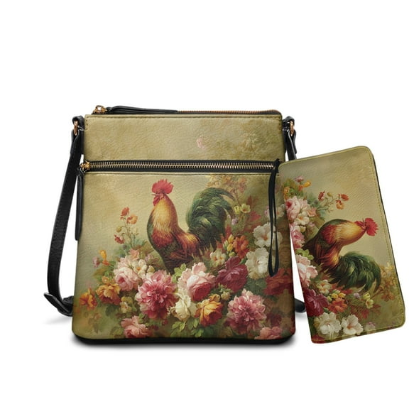 ZUXONGSY Rooster Peony Print Crossbody Hobo Bag Sets for Women, Leather Shoulder Handbag Tote Bag Satchel Purse with Leather Wallet, Multi Pocket Messenger Purse with Adjustable Strap