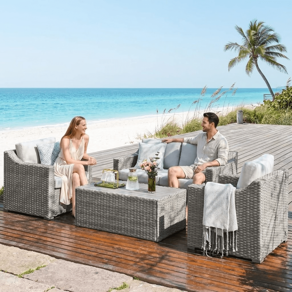 Howcool Outdoor Sectional Sofa, Patio Conversation Set, Outdoor Furniture with Two Single Chairs, Wicker Rattan All-Weather Seating Set for Garden Backyard Porch Balcony, Grey