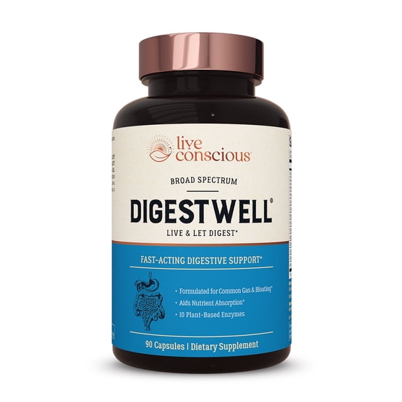 Live Conscious DigestWell Digestive Enzymes with Bromelain, Probiotic & Herbal Formula, for Men and Women, 90 Ct