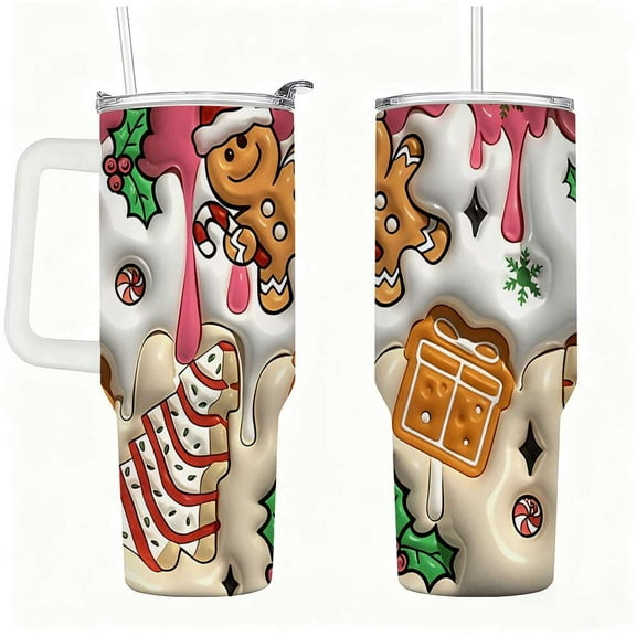 Gingerbread Cookie Christmas Tumbler with Lid and Straw, Holiday Icing Design Cup