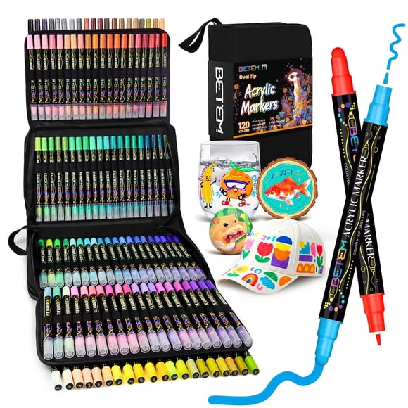 Marcadores de pintura acrílica Betem Dual Tip 120 colores con bolsa
