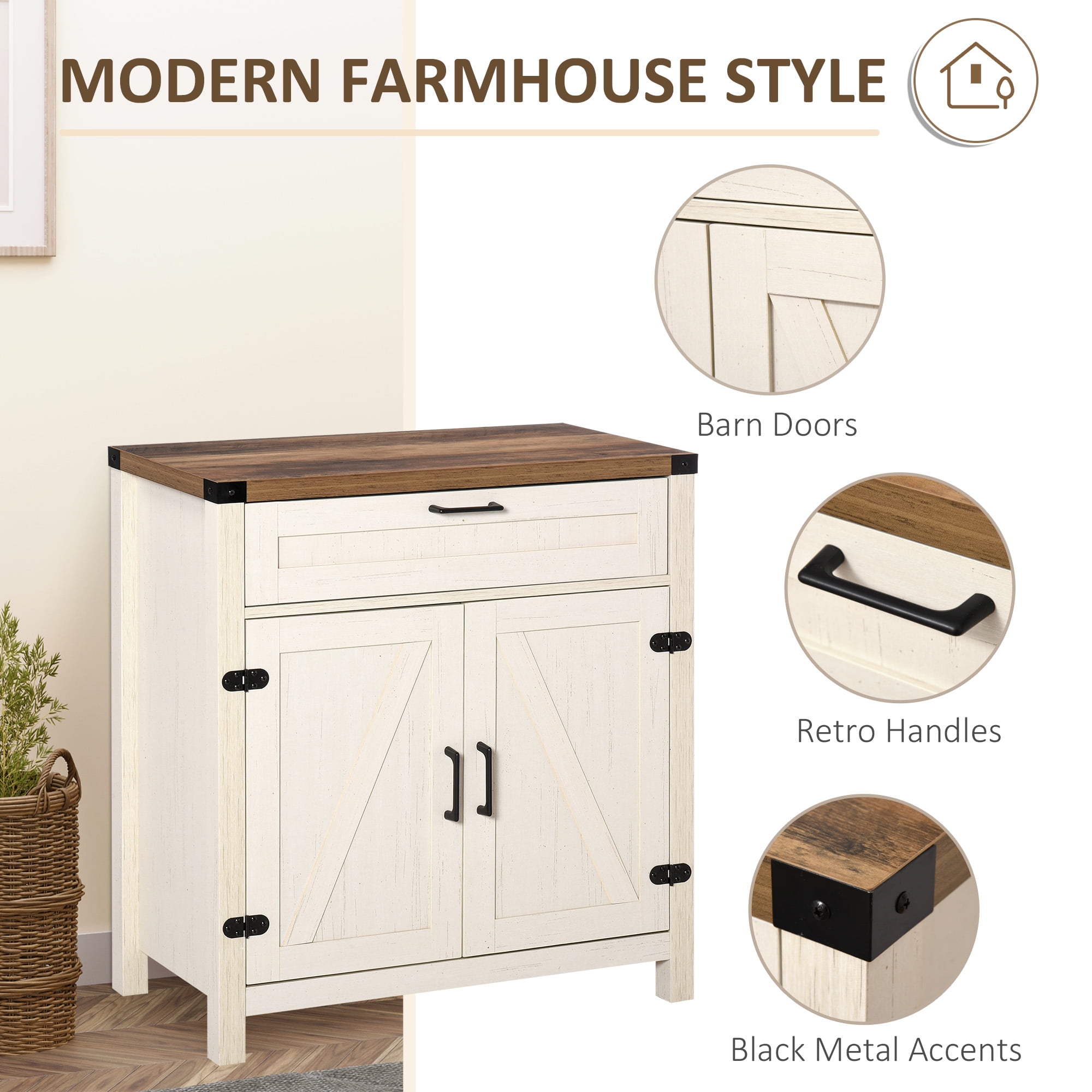 HOQBN Farmhouse Sideboard Buffet Cabinet, Storage Buffet with 2 Barn Doors and Functional Drawer, Multipurpose Furniture for Dining Room Kitchen and Living Room, White