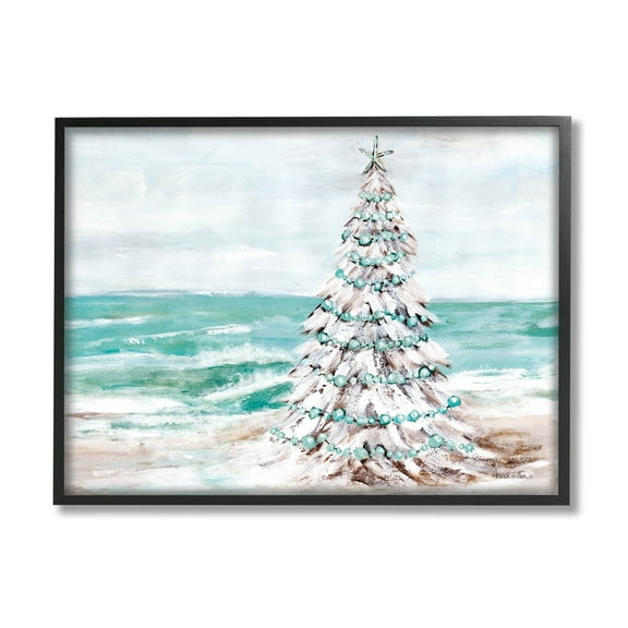 Snowy Christmas Tree Beach Shore Holiday Painting Black Framed Art Print Wall Art