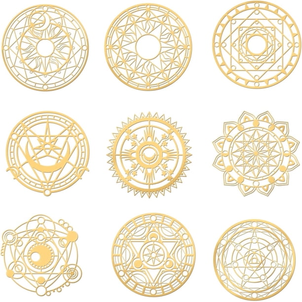 9 pegatinas de geometría sagrada de 1,6 x 1,6 pulgadas, pegatinas de metal con círculo mágico, pegatinas de latón dorado, pegatinas autoadhesivas de metal dorado