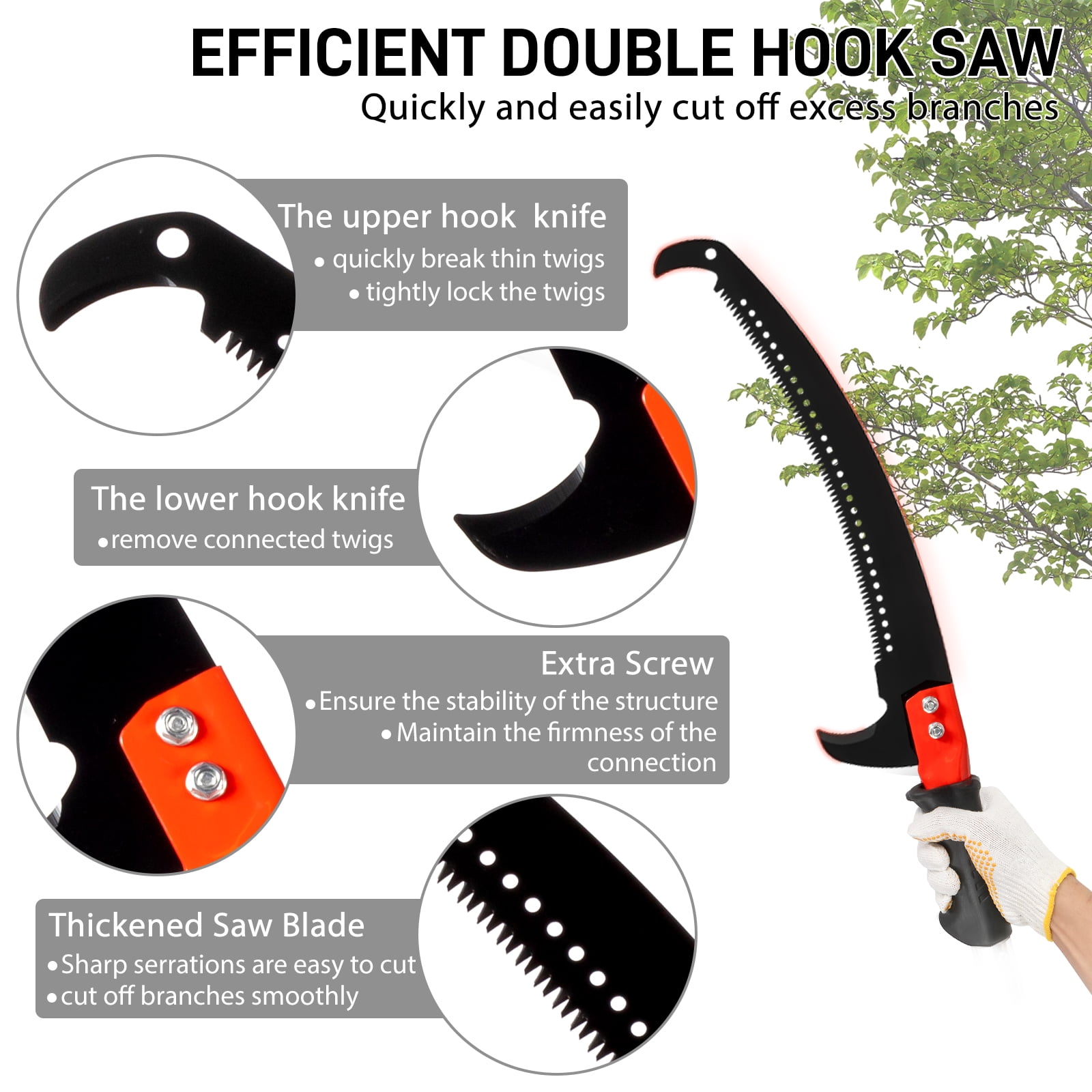 24ft Manual Pole Saw Set, Extendable 7.3ft to 24.1ft, Alloy Steel Blades, Fiberglass Poles, Rope Pull System, All-in-One Pruning Kit for Garden Trees & Shrubs
