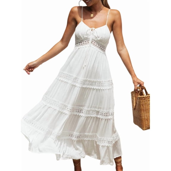 Women'S Boho Crochet Lace Maxi Dress Solid Color Summer Vacation Spaghetti Strap Long Dress White XL