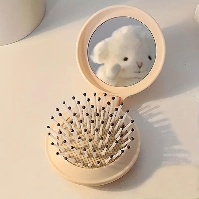 1PC Apricot Color Mini Cute Comb & Mirror Set,Round Portable Air Cushion Massage Comb with Foldable Pocket Mirror,Compact Hair Styling Tool for Women & Girls.