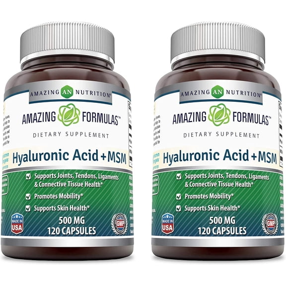 Amazing Formulas Hyaluronic Acid & MSM 1000 Mg Per Serving 120 Capsules Supplement | 100mg Hyaluronic Acid & 900mg MSM Per Serving | Non-GMO | Gluten Free | Made in USA | Pack of 2
