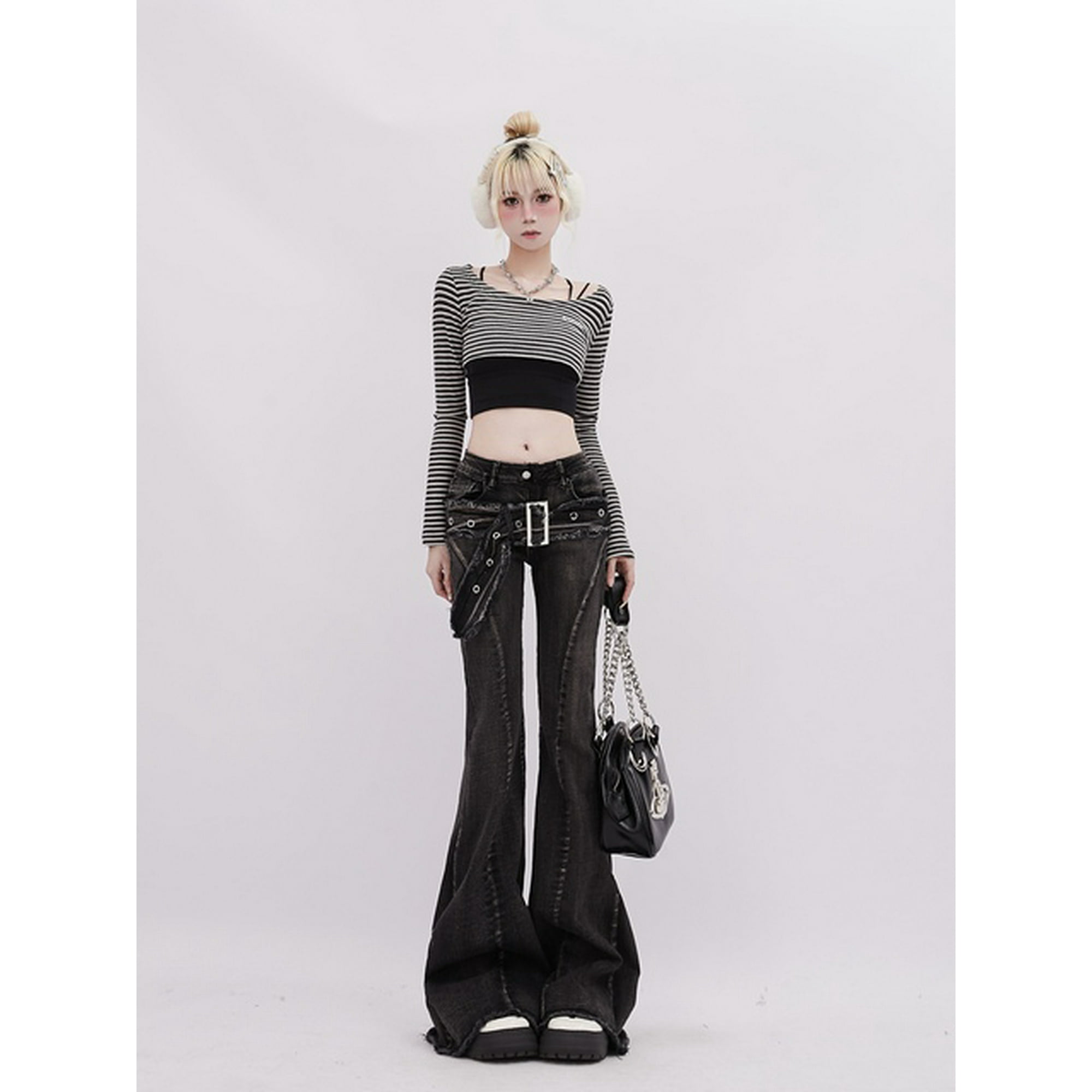 Women's Y2k Flare Jeans Baggy Harajuku Korean Black Gothic Denim