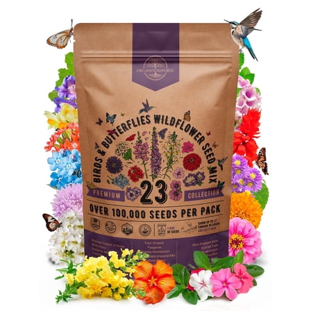 Organo Republic 23 Wildflower Seeds Annual & Perennial Mix for Indoor & Outdoors, Attract Birds & Butterflies 100,000+ Non-GMO, Heirloom Garden Seeds, 4oz Packet for Growing Wild Flowers