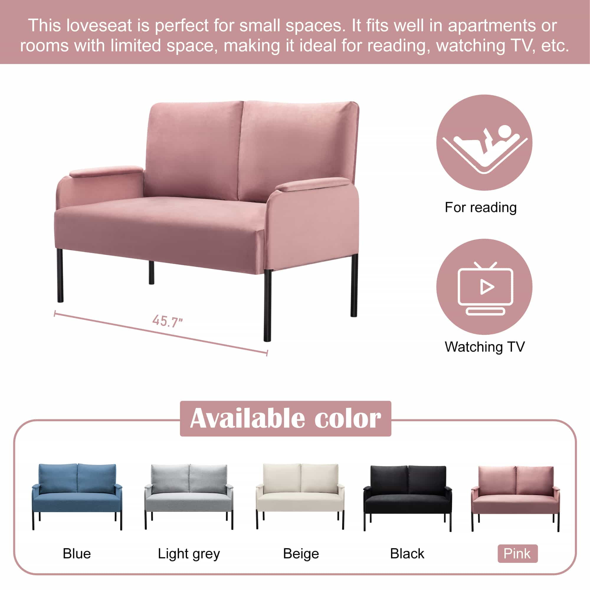 BSHTI Velvet Upholstery Loveseat Couch,2 Seating,Metal Frame,High-density Fam Seat Loveseat,Well in Apartments or Rooms with Limited Space(Pink)