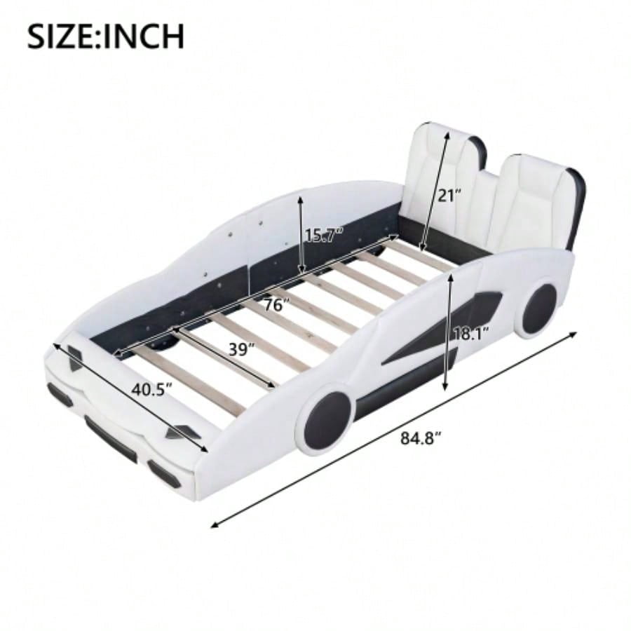 Twin Size Race Car - Shaped Platform Bed with Wheels, White