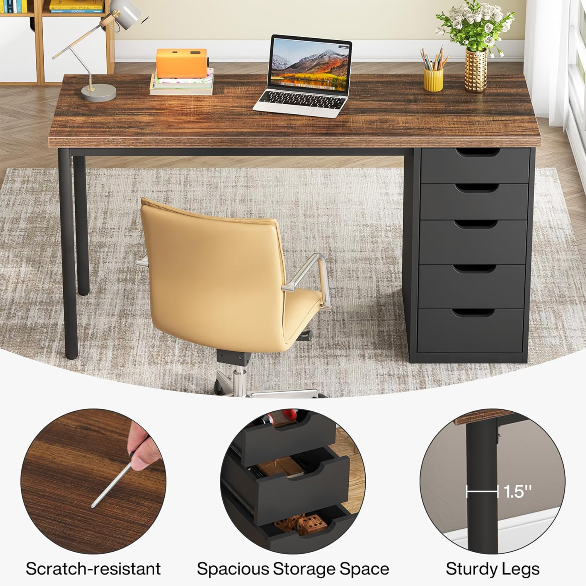 MAYEERTY 47.24" Industrial Desk, 5 Drawers with Metal Rails, 1.18" Thick Engineered Wood