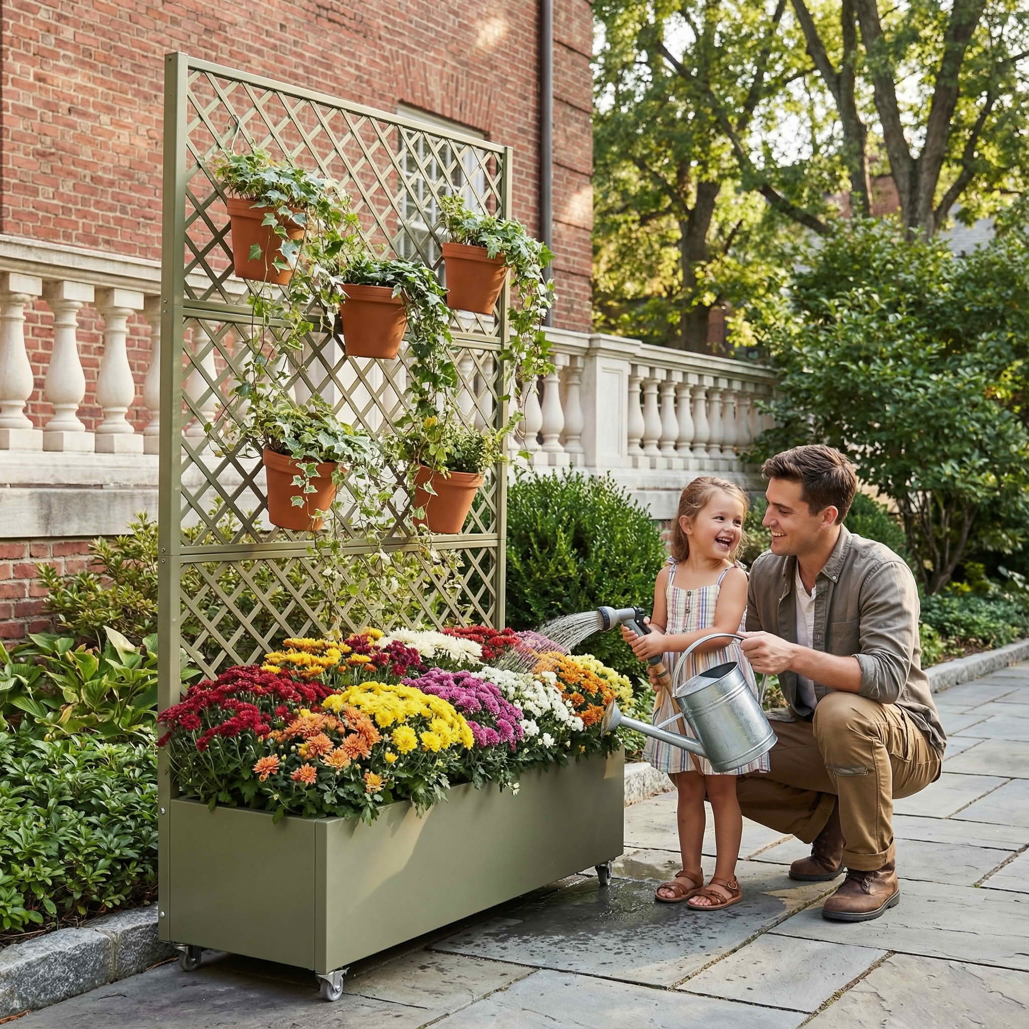 MAYEERTY 72X47" Metal Outdoor Olive Gray Privacy Screen with Planter Box for Backyard & Garden, 3 Piece Set