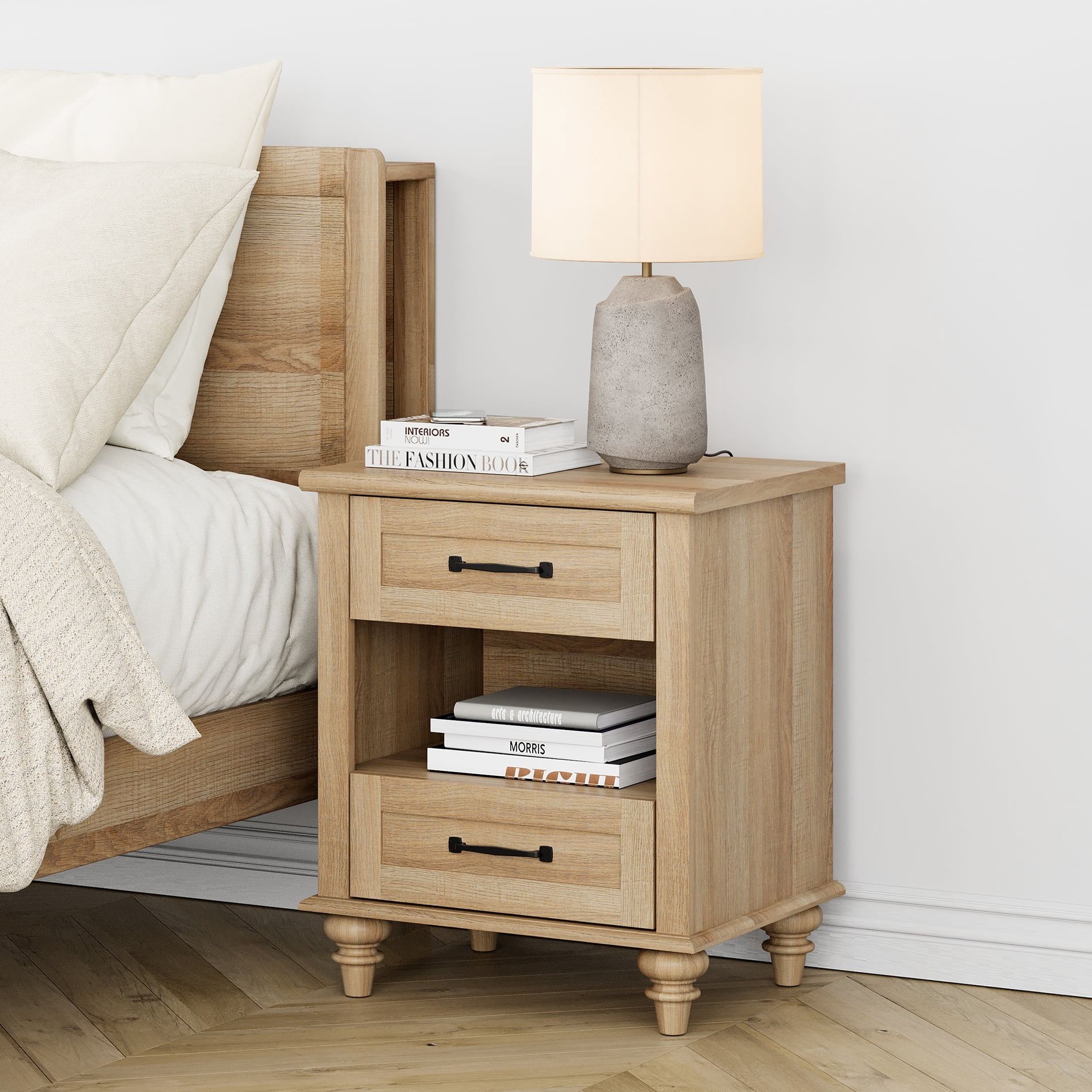 Nightstand with Charging Station, Farmhouse End Table with 2 Drawers & Open Cubby for Bedroom, Living Room, Light Rustic Oak