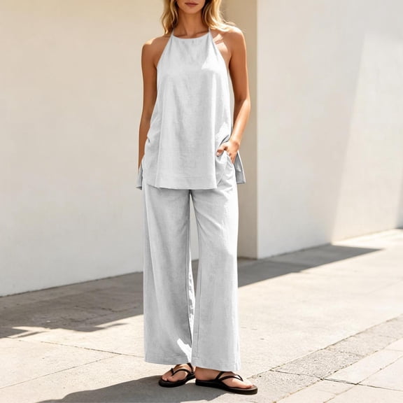 BADHUB Women 2 Piece Matching Lounge Sets Split Backless Tank Tops Wide Leg Pants Summer Outfits Tracksuit White S